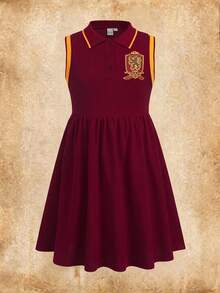 HARRY POTTER X SHEIN 青少年女孩對比飾邊無袖休閒夏季洋裝 - 紅色 - 查看 1