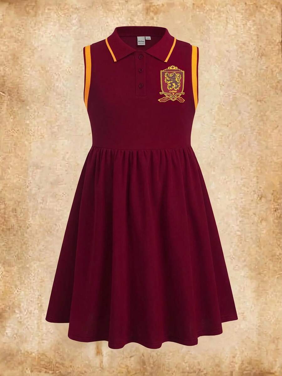 HARRY POTTER X SHEIN 青少年女孩對比飾邊無袖休閒夏季洋裝 - 紅色 - 查看 1