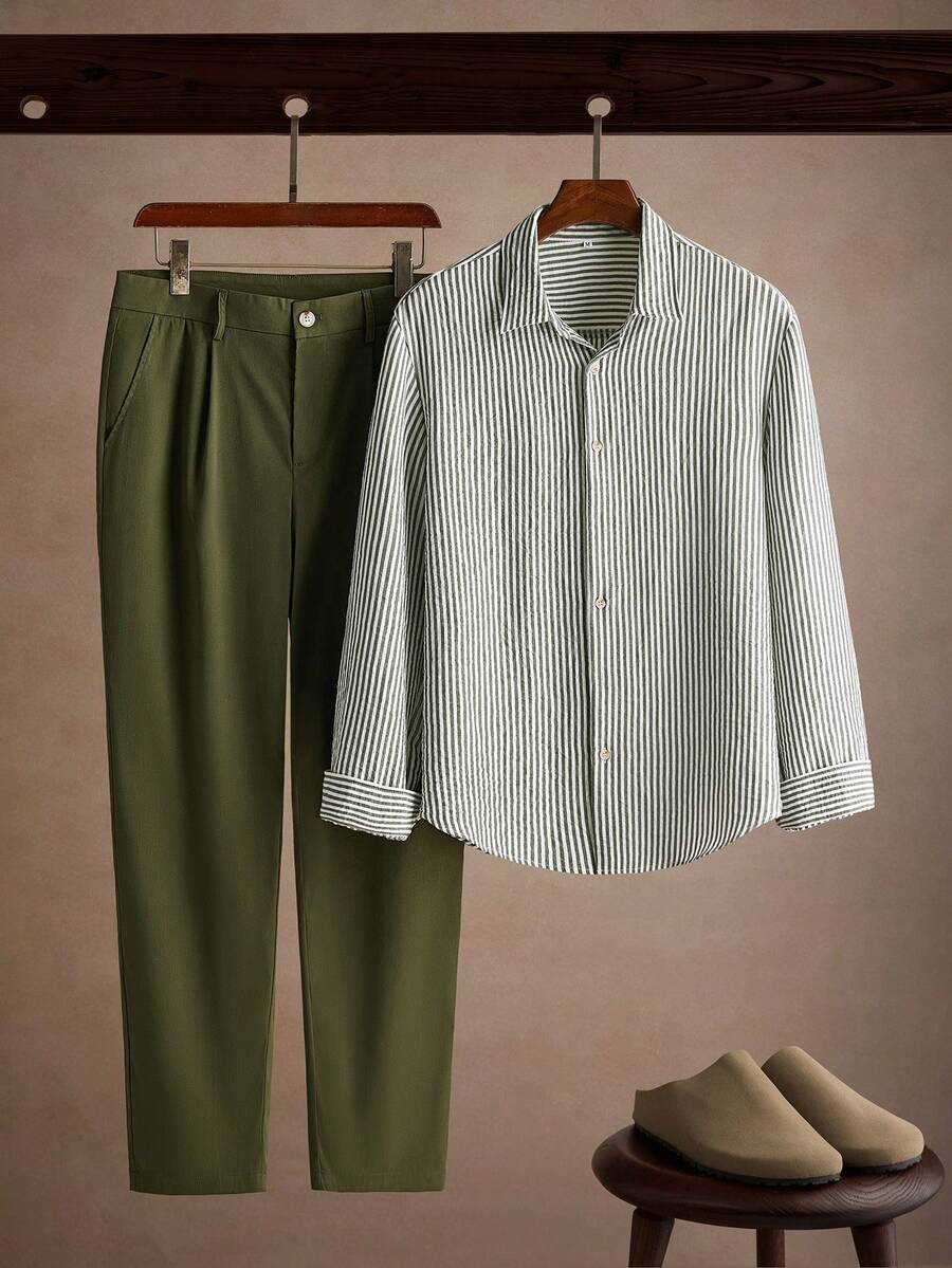 Core Aspect Vintage Green Fine Vertical Striped Linen Shirt For Men, Shirt Collar, Long Sleeve, Simple Casual Business Commute Shirt, Solid Color Long Pants Set - Green - View 1