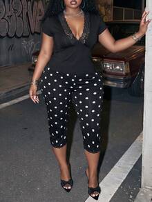 Slaydiva Spring Summer Easter Sexy Casual Elegant Vacation Party Music Festival Short Sleeve Deep V-Neck Lace Trim T-Shirt Black White Polka Dot Pants Set - Black - View 5