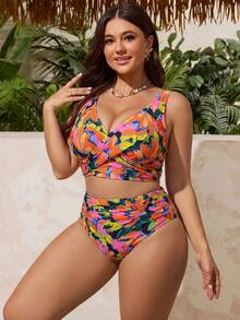 Swim Lushoire Floral Print Casual Vacation Women Plus Size Tankini Set - Red - View 6