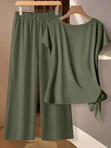 EMERY ROSE Green Tie V-Neck Blouse And Pants 2 Pieces Set Plus Size - Multicolor - View 2