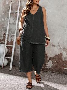 SHEIN EMERY ROSE CURVE Conjunto de 2 piezas de chaleco y pantalones de mezclilla talla grande - Negro - Ver 7