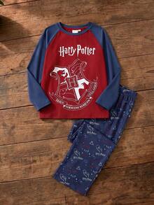 HARRY POTTER X SHEIN 2pcs/Set Tween Boy Casual Basic Emblem Letter Print Contrast Color Raglan Sleeve T-Shirt And Red Blue And White Pajamas Set Home Family Autumn - Multicolor - View 1