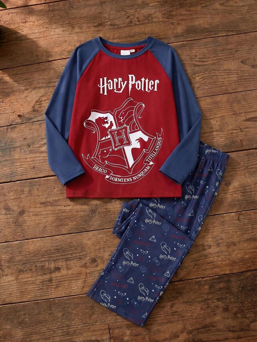 HARRY POTTER X SHEIN 2pcs/Set Tween Boy Casual Basic Emblem Letter Print Contrast Color Raglan Sleeve T-Shirt And Red Blue And White Pajamas Set Home Family Autumn - Multicolor - View 1
