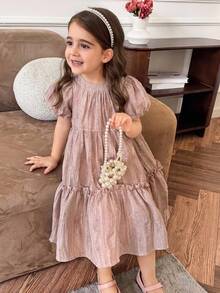 DAZY 女童夏季時尚百褶花瓣袖荷葉邊飾洋裝 - 粉色 - 查看 4