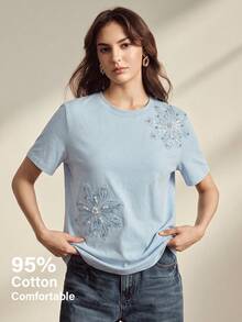 Anewsta Minimalist Elegant Beaded T-Shirt, Heavy Floral Embroidery Round Neck Versatile Daily Women's T-Shirt - Blue - View 4