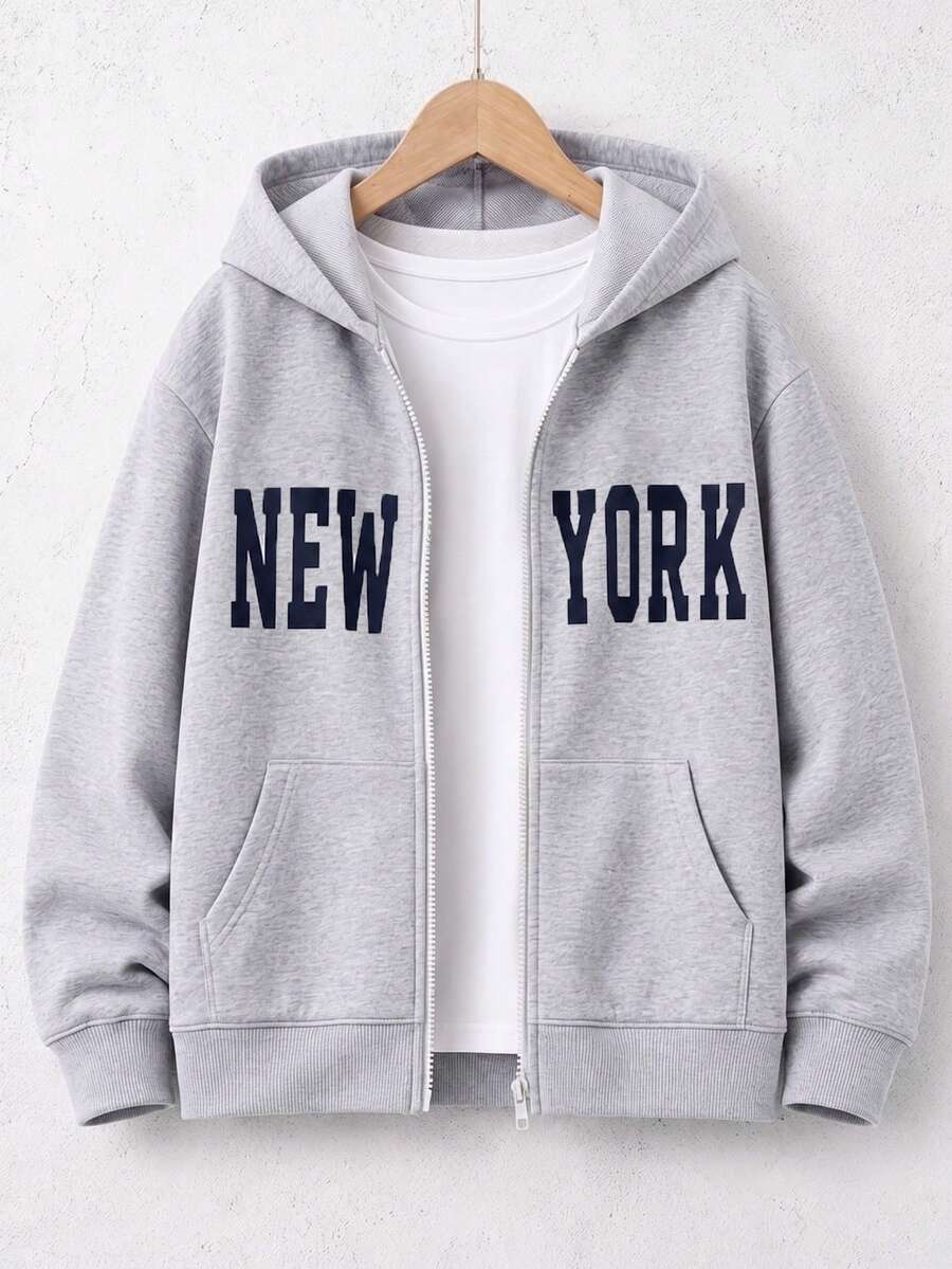 SHEIN 青少年男孩字母印花長袖拉鍊連帽衛衣 - 淺灰色 - 查看 1