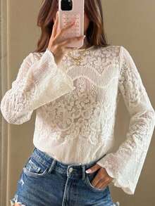 DAZY Elegant French Lace Detailed Round Neck Top For Women - Apricot - View 10