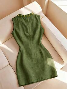 Flora Isola Flora Isola 女款夏季無袖刺繡綠色洋裝，立領刺繡V領修身通勤裙，適合日常、派對、辦公室夏季穿搭 - 綠色 - 查看 2