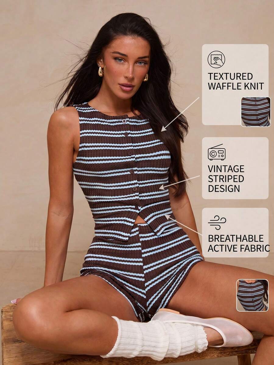 Glamine French Minimalist Brown Knitted Striped Stretch Boat Neck Sleeveless Open Front Regular Fit Women's Tank Top, Suitable For Daily Sports Wear, Outdoor Sports Wear, Single Item Matching - Striped Cut - Brown - View 1