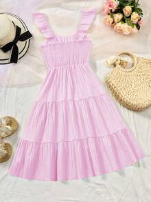 Sparklyn Teen Girls Hem Boho Tiered Ruffle Dress - Sleeveless Square Neck A-Line Mini Dress With Colorful Crochet Waistband For Summer Beach Vacation, Outfits - Pink - View 2