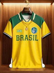 Manfinity Campus Court 復西橄欖球 Polo 衫男款，黃色夏季街頭風度假寬鬆版型拼色 Brasil 球衣，短袖圖案足球上衣 - 彩色 - 查看 10