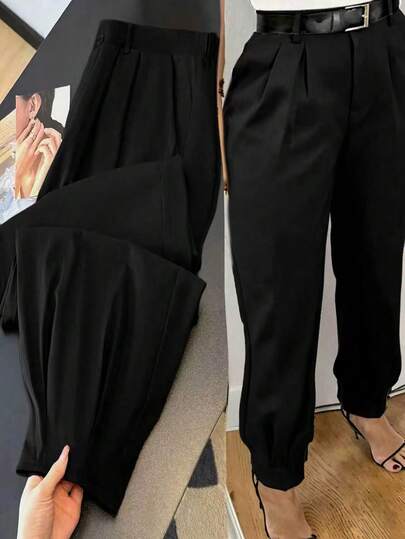 GlowEve CURVE Plus Size Women Black,Autumn,Casual,Bussines,Formal Elegant Cinched Ankle Chic Suit Pants,Plain Woven Fabric Straight Leg Tapered Pants With Pockets