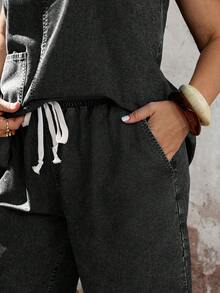SHEIN EMERY ROSE CURVE Conjunto de 2 piezas de chaleco y pantalones de mezclilla talla grande - Negro - Ver 4