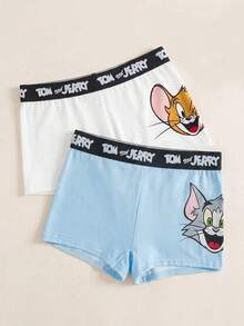 TOM & JERRY X SHEIN 2条/套 女士字母卡通印花休闲日常三角裤 - 藍白色 - 查看 1
