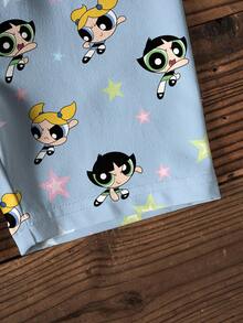 THE POWERPUFF GIRLS X SHEIN 少女卡通圖案圓領短袖T恤與休閒短褲套裝 - 白色 - 查看 5