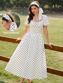 Vintamour Robe à pois imprimés doux à la française avec fronces et nœud pour femmes - Blanc - Voir 5