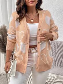 Elenzga Plus Size Women's Heart Pattern Single-Breasted Casual Daily Cardigan - Dusty Pink - View 6