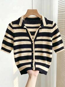 SHEIN Clasi Cardigan tricoté élégant et romantique à rayures et couleurs contrastées, simple boutonnage - Beige - Voir 7