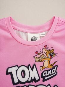 TOM & JERRY X SHEIN طقم تي شيرت وبنطلون بطبعة كرتونية للبنات الرضع - وردي - مشاهدة 3
