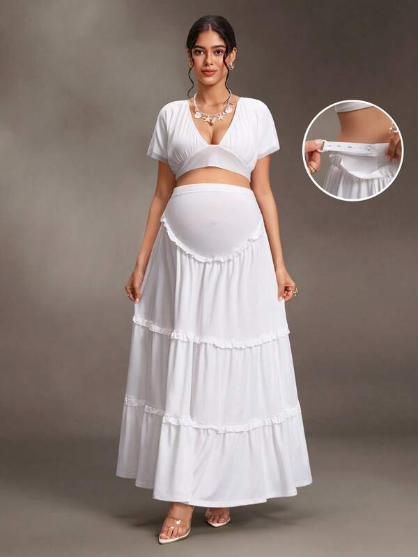 Cheriluna Maternity Setelan 2 Potong Atasan Crop V-Neck Warna Krem + Rok Panjang Lipit Pinggang Tinggi dengan Potongan Lebar, Desain Bahu Jatuh Lengan Pendek, Kain Berdraperi yang Mengalir, Pakaian Kasual Liburan yang Melangsingkan