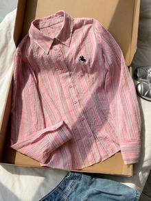 Comfortcana Women's New Embroidered Striped Fitted Long Sleeve Blouse Casual Blouses 2000s Style Office Outfits For Women Country Cute Tops Basic Blouses Going Ou - Pink - View 5