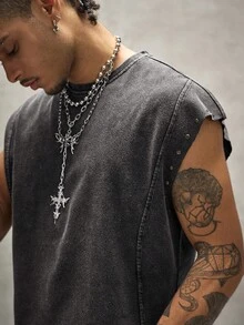 PAVTROS Men's Summer Casual Fashion Street Style Western Cowboy Vacation Style Rivet Decor Washed Loose Tank Top - Black - View 6