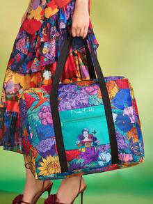 Frida Kahlo X SHEIN Frida 花卉可折疊旅行托特包，聚酯纖維行李套筒附手把，大容量旅行與購物手提袋，送給藝術與旅行愛好者的禮物 - 深湖水藍 - 查看 3