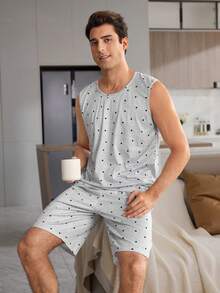 CoupledUp Heart Print Casual Back Print Couple Pajamas Plaid Bermuda Shorts Men's Sleepwear 2-Piece Set - Light Grey - View 5