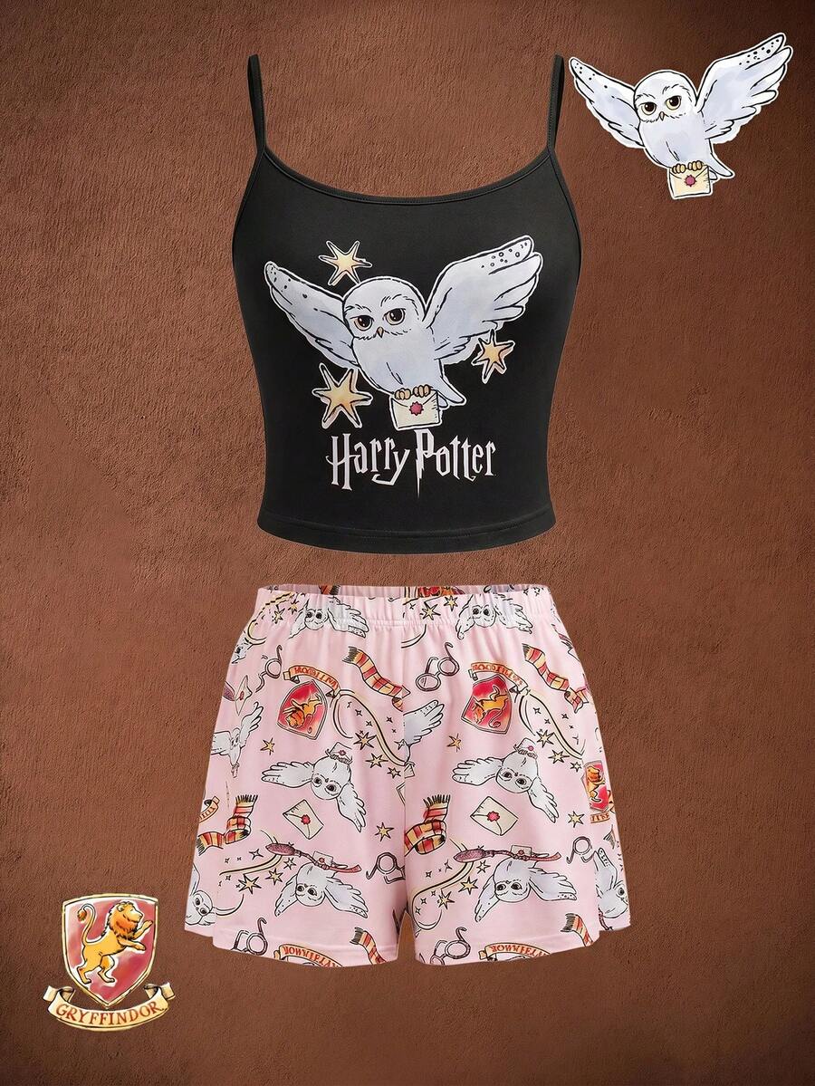 HARRY POTTER X SHEIN 女款字母印花細肩帶上衣與短褲睡衣套裝 - 黑粉紅色 - 查看 1