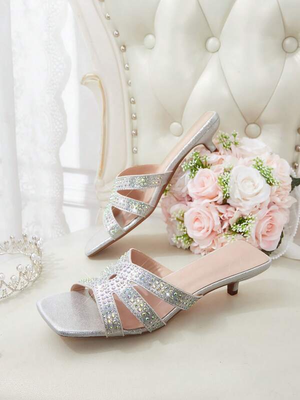 CUCCOO HITCHD Beige Rhinestone Cross Head Kitten Heel Women's High Heel Sandals
