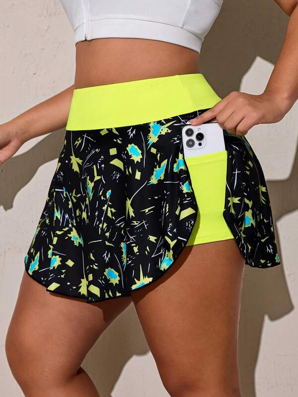 SHEIN Rhythm Era Váy quần skort xếp ly in họa tiết phối màu phong cách thường ngày đa năng, dáng ôm tôn dáng, có túi đựng đồ, váy thể thao