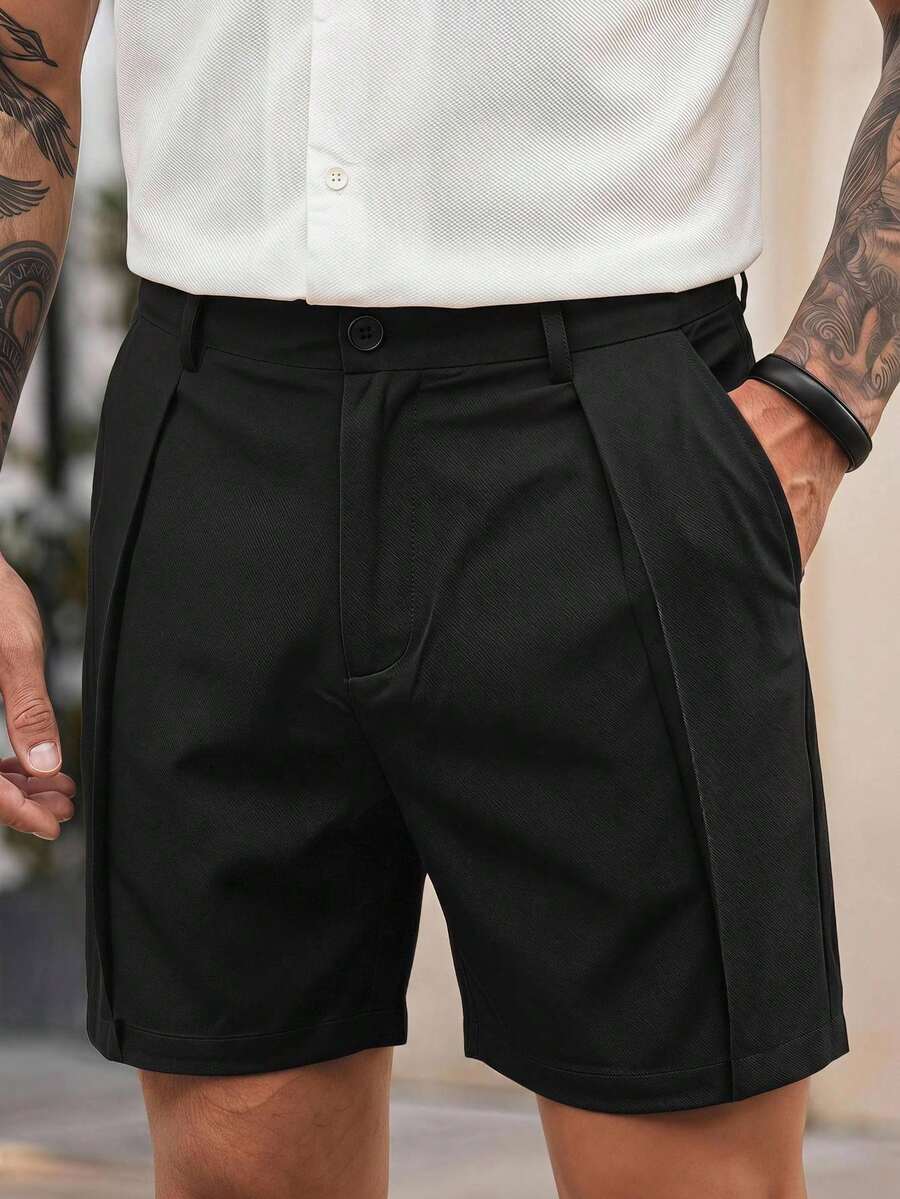 Manfinity VCAY HIMLAND 男士休閒短褲,附拉鍊,純色商務通勤風,口袋設計,休閒百搭通勤短褲,易搭配夏季衣櫥必備,隨性日常穿搭,百搭混搭單品,純色短褲,度假,父親節禮物,足球 - 黑色 - 查看 1