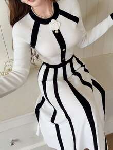 Feyla Women's 3D Floral Decor Colorblock Long Sleeve Top And Skirt Knit Set - Multicolor - View 4