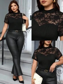 SHEIN Clasi Plus Size Lace Patchwork Knit Summer Elegant Sexy Black T-Shirt Going Out Night Party - Black - View 2