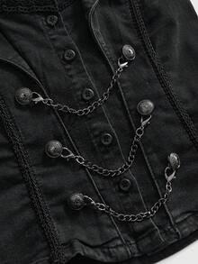 ROMWE Grunge Punk 春夏龐克風海軍拿破崙宮廷風金屬扣鏈條設計掛脖式復古修身牛仔上衣 - 黑色 - 查看 3