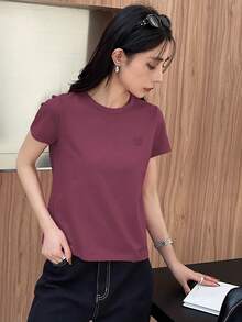 DAZY Áo thun tay ngắn thêu hình trái tim màu trơn mùa hè, trang phục công sở thường ngày cho nữ - Màu tím - Xem 3