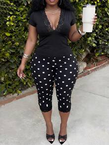 Slaydiva Spring Summer Easter Sexy Casual Elegant Vacation Party Music Festival Short Sleeve Deep V-Neck Lace Trim T-Shirt Black White Polka Dot Pants Set - Black - View 9
