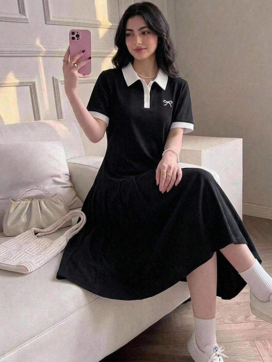 SHEIN 青少年女孩休閒日常百搭舒適翻領拼接拼色 Polo 洋裝 - 黑與白 - 查看 1