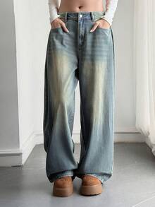 DAZY Women's Distressed Washed Faded Loose Wide Leg Jeans With Pockets, Casual Streetwear Vacation Spring Autumn Long Pants School - Blue - View 5