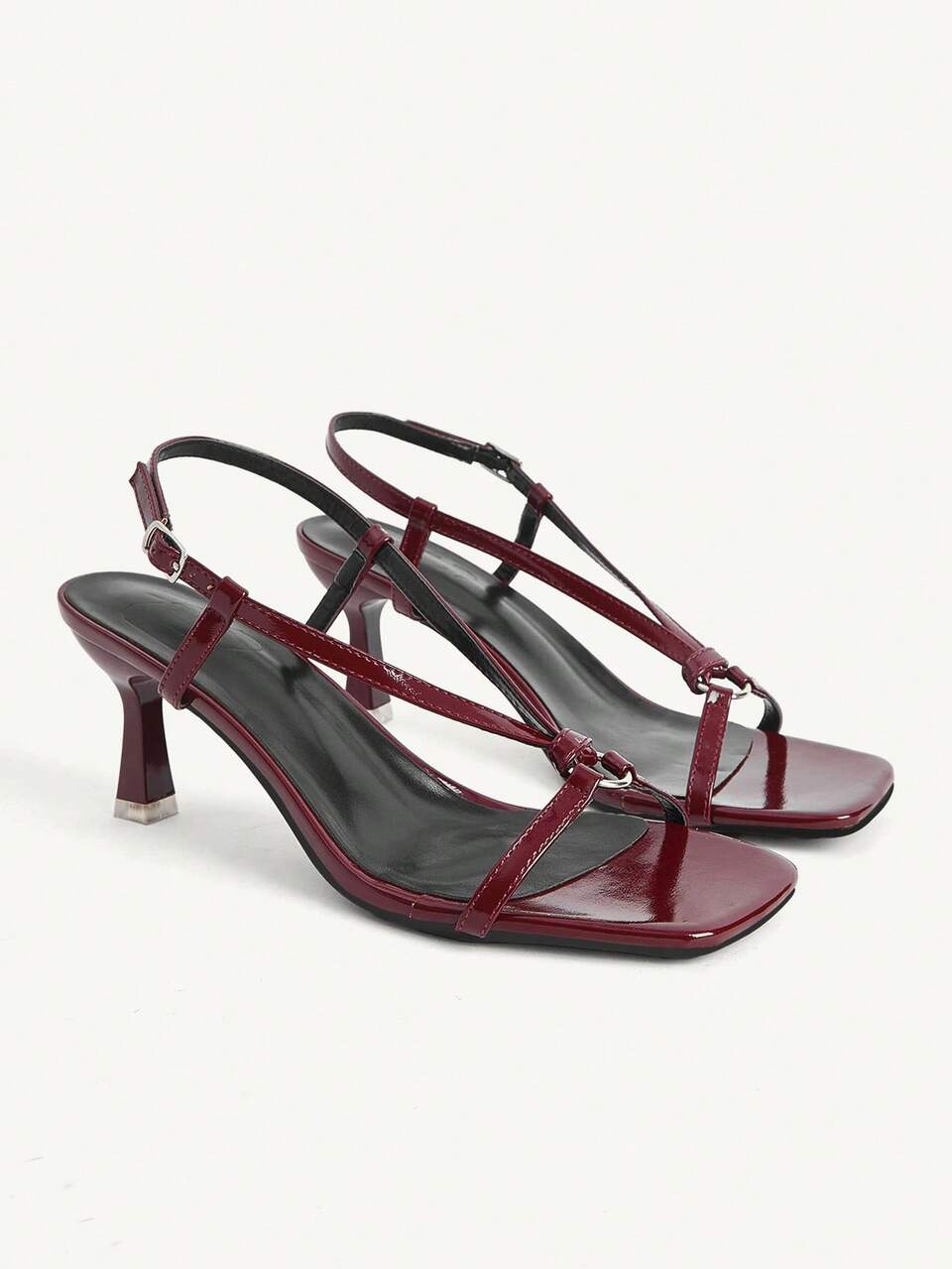 CUCCOO CHICEST Wine Red Thin Strap Crisscross Square Toe Patent Leather Wine Glass Heel Banquet Women's High Heels