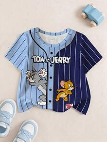 TOM & JERRY X SHEIN 男婴休闲撞色条纹卡通印花上衣，夏季 - 白色 - 查看 1