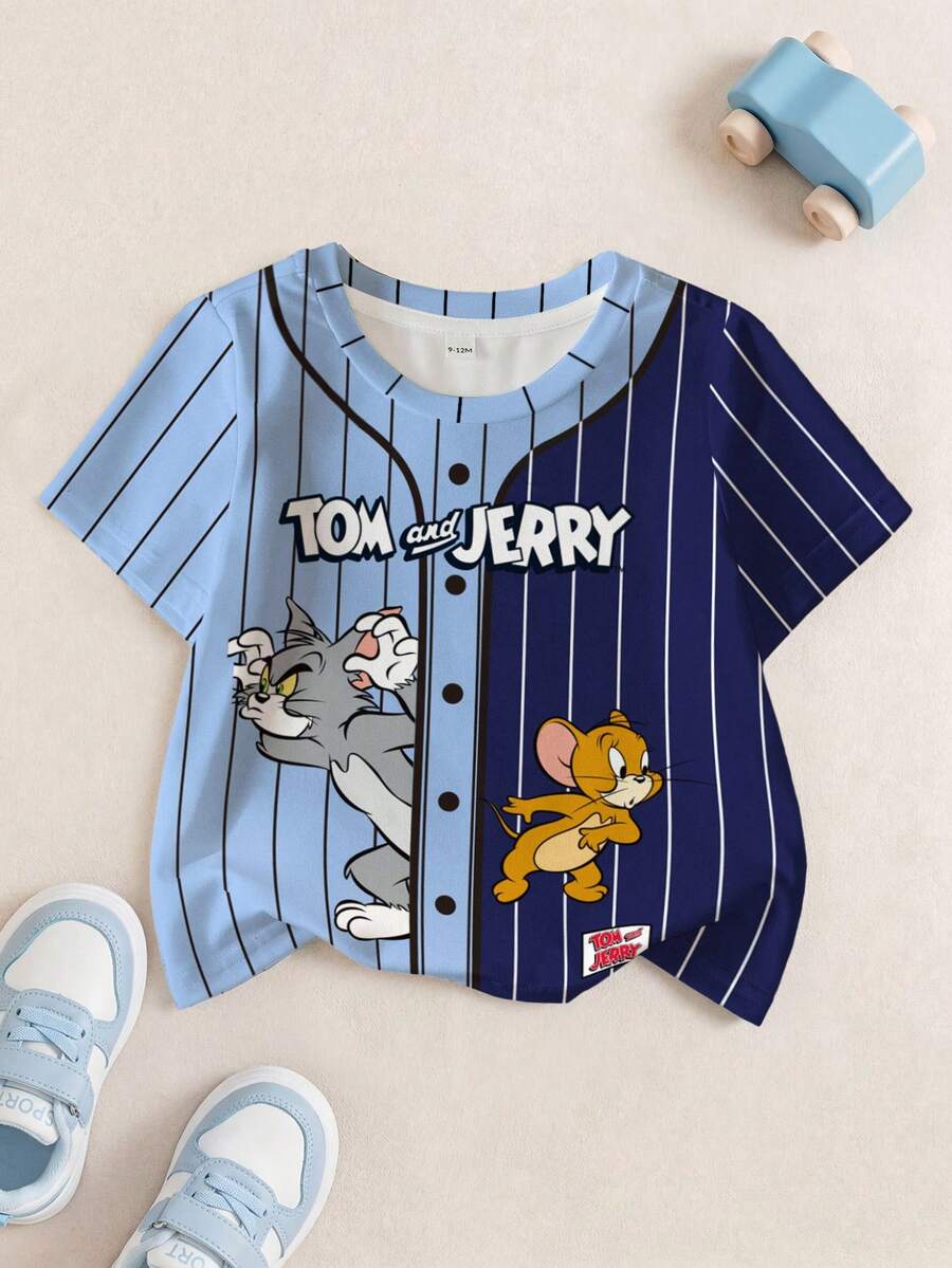 TOM & JERRY X SHEIN 男婴休闲撞色条纹卡通印花上衣,夏季 - 白色 - 查看 1