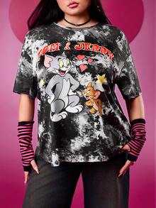 TOM & JERRY X SHEIN 大码休闲宽松 Y2K 短款扎染袖圆领可爱卡通图案 T 恤，时尚街头风格，音乐节，心形星星趣味手绘 T 恤，春夏 - 黑與白 - 查看 6