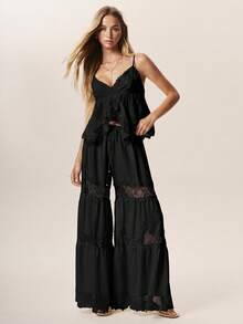 Willow Rêve Lightweight Thin Lace Patchwork Hollow Out Long Pants With Drape Heavy Workmanship . Vacation - Black - View 3