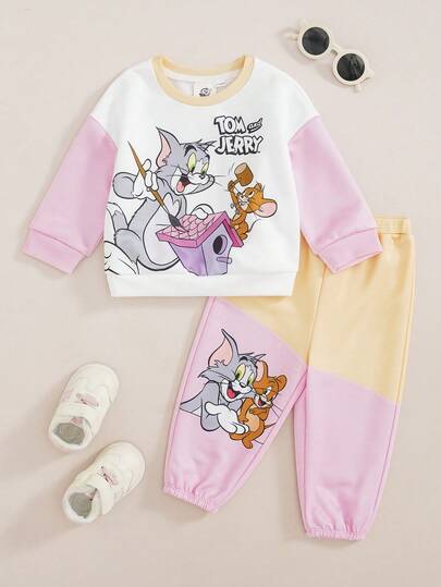 TOM & JERRY X SHEIN Set Kasual Bayi Perempuan: Kaos Lengan Panjang dan Celana Panjang Motif Huruf