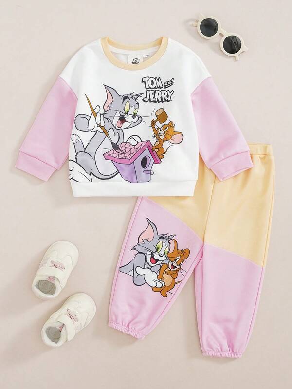 TOM & JERRY X SHEIN طقم كاجوال للبنات الرضع من سويت شيرت بأكمام طويلة وبنطال رياضي مطبوع عليه حروف