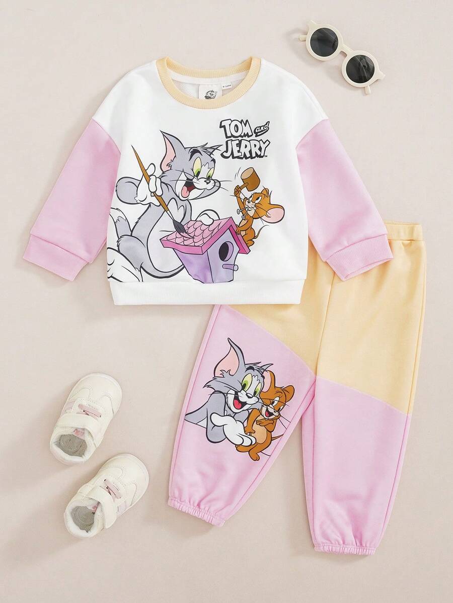 TOM & JERRY X SHEIN 女嬰字母印花長袖運動衫與運動長褲休閒套裝 - 粉色 - 查看 1