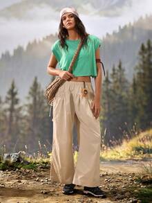 Exploreva Exploreva Women's Solid Color Elastic Waist Pocket Design Loose Wide Leg Outdoor Long Pants - Apricot - View 4